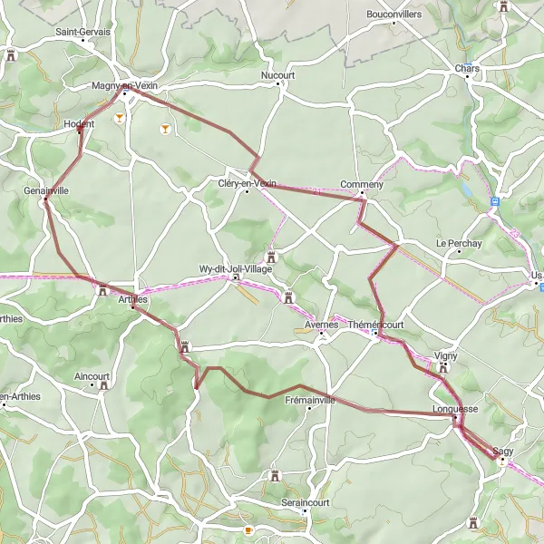 Miniature de la carte de l'inspiration cycliste "Chemin en Gravier de Magny-en-Vexin" dans la Ile-de-France, France. Générée par le planificateur d'itinéraire cycliste Tarmacs.app