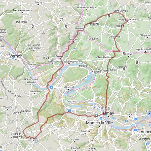 Map miniature of "Magny-en-Vexin Gravel Adventure" cycling inspiration in Ile-de-France, France. Generated by Tarmacs.app cycling route planner