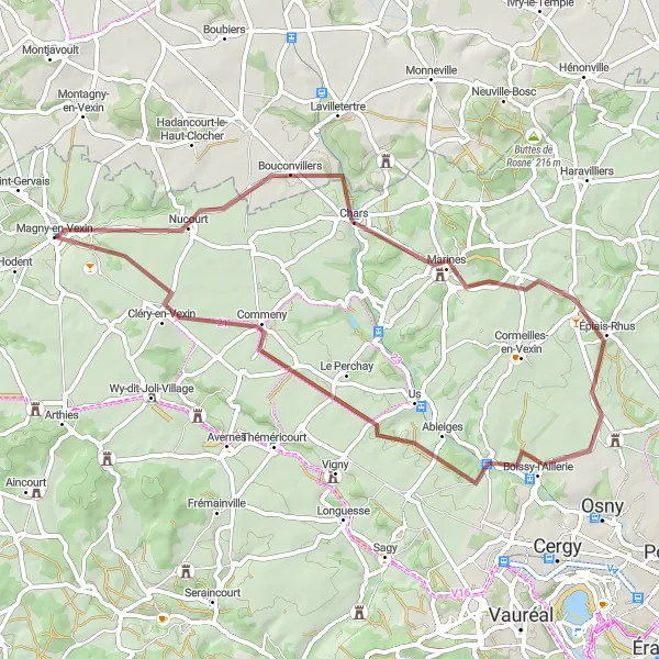 Map miniature of "Gravel Adventure: Magny-en-Vexin to Commeny" cycling inspiration in Ile-de-France, France. Generated by Tarmacs.app cycling route planner