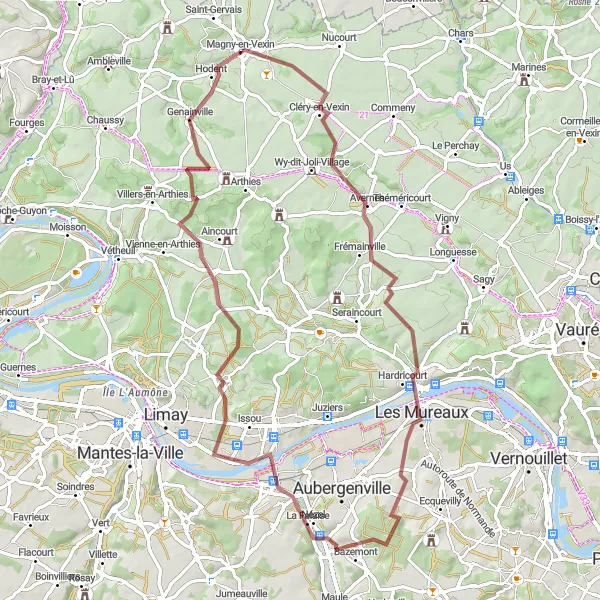 Miniature de la carte de l'inspiration cycliste "Aventure gravel à travers Les Mureaux" dans la Ile-de-France, France. Générée par le planificateur d'itinéraire cycliste Tarmacs.app