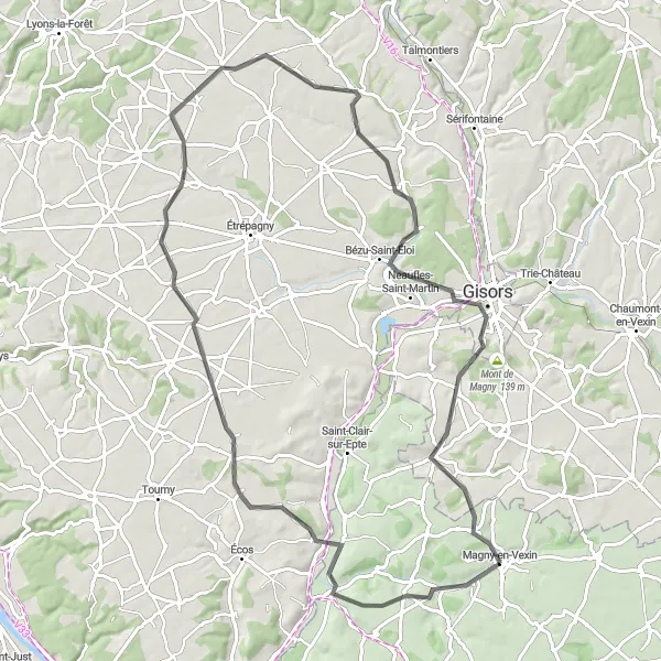 Map miniature of "Hidden Gems of Vexin" cycling inspiration in Ile-de-France, France. Generated by Tarmacs.app cycling route planner