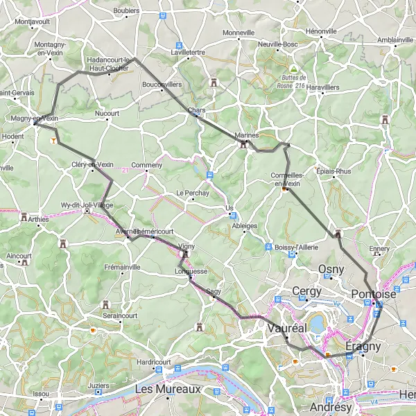 Miniature de la carte de l'inspiration cycliste "Boucle pittoresque de Magny-en-Vexin" dans la Ile-de-France, France. Générée par le planificateur d'itinéraire cycliste Tarmacs.app