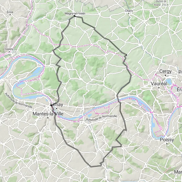 Miniature de la carte de l'inspiration cycliste "Parcours aventure vers Mantes-la-Jolie" dans la Ile-de-France, France. Générée par le planificateur d'itinéraire cycliste Tarmacs.app