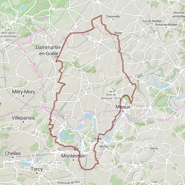 Miniature de la carte de l'inspiration cycliste "Randonnée de 93 km en gravel" dans la Ile-de-France, France. Générée par le planificateur d'itinéraire cycliste Tarmacs.app