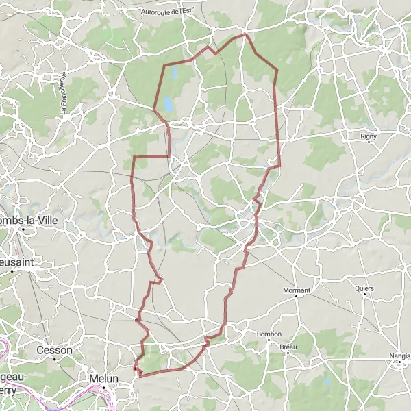 Map miniature of "Saint-Germain-Laxis to Château de Blandy-les-Tours Loop (Gravel)" cycling inspiration in Ile-de-France, France. Generated by Tarmacs.app cycling route planner