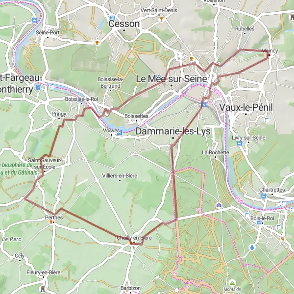 Map miniature of "Maincy Loop (Gravel)" cycling inspiration in Ile-de-France, France. Generated by Tarmacs.app cycling route planner