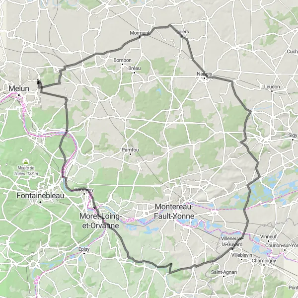 Miniature de la carte de l'inspiration cycliste "Tour de la Brie Centrale" dans la Ile-de-France, France. Générée par le planificateur d'itinéraire cycliste Tarmacs.app