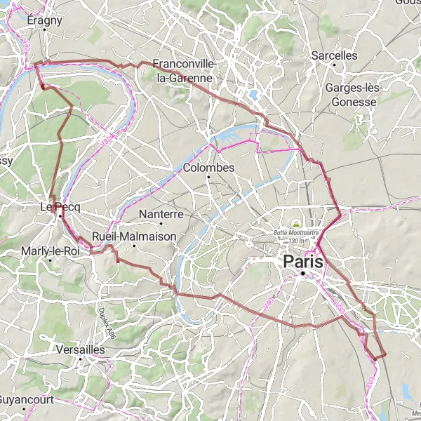 Miniature de la carte de l'inspiration cycliste "Parcours gravel autour de Paris" dans la Ile-de-France, France. Générée par le planificateur d'itinéraire cycliste Tarmacs.app