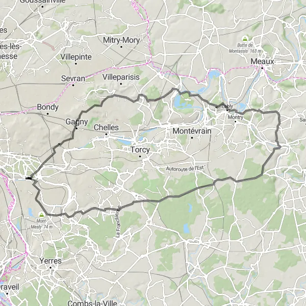 Miniature de la carte de l'inspiration cycliste "Le Défi des Collines" dans la Ile-de-France, France. Générée par le planificateur d'itinéraire cycliste Tarmacs.app