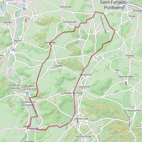 Miniature de la carte de l'inspiration cycliste "Aventure en VTT gravel près de Maisse" dans la Ile-de-France, France. Générée par le planificateur d'itinéraire cycliste Tarmacs.app