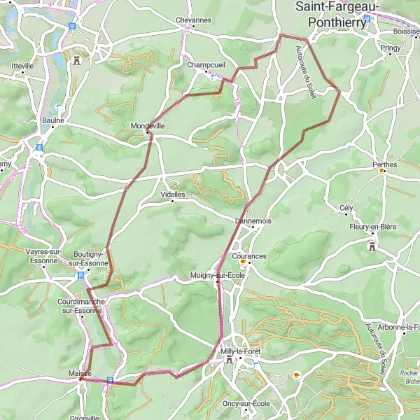 Map miniature of "The Gravel Adventure through Boutigny-sur-Essonne, Auvernaux, and Moigny-sur-École" cycling inspiration in Ile-de-France, France. Generated by Tarmacs.app cycling route planner