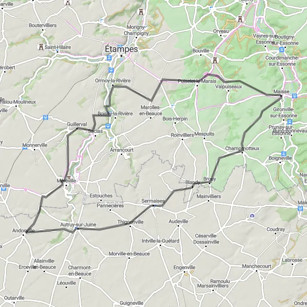 Map miniature of "Champmotteux to Puiselet-le-Marais Road Tour" cycling inspiration in Ile-de-France, France. Generated by Tarmacs.app cycling route planner