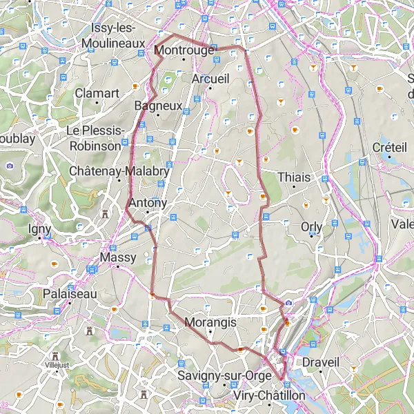 Map miniature of "Scenic Gravel Route from Malakoff" cycling inspiration in Ile-de-France, France. Generated by Tarmacs.app cycling route planner