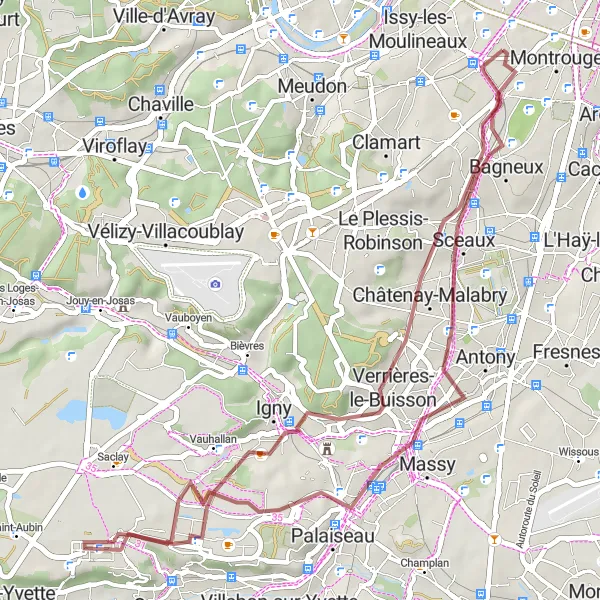 Map miniature of "Panoramic Gravel Malakoff Loop" cycling inspiration in Ile-de-France, France. Generated by Tarmacs.app cycling route planner