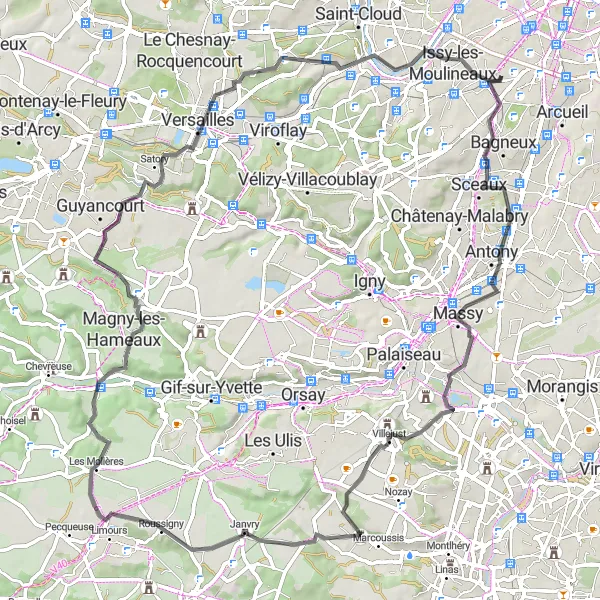 Map miniature of "The Hills and Valleys of Ile-de-France" cycling inspiration in Ile-de-France, France. Generated by Tarmacs.app cycling route planner