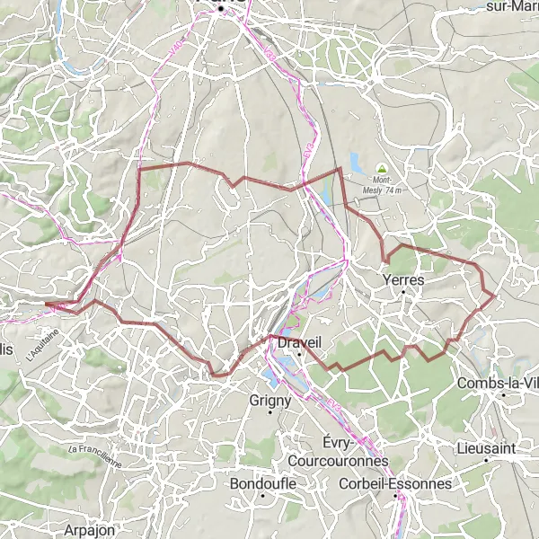 Miniature de la carte de l'inspiration cycliste "Tour des Vallées de l'Orge et de la Seine" dans la Ile-de-France, France. Générée par le planificateur d'itinéraire cycliste Tarmacs.app