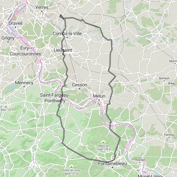 Miniature de la carte de l'inspiration cycliste "Parcours à vélo autour de Mandres-les-Roses" dans la Ile-de-France, France. Générée par le planificateur d'itinéraire cycliste Tarmacs.app