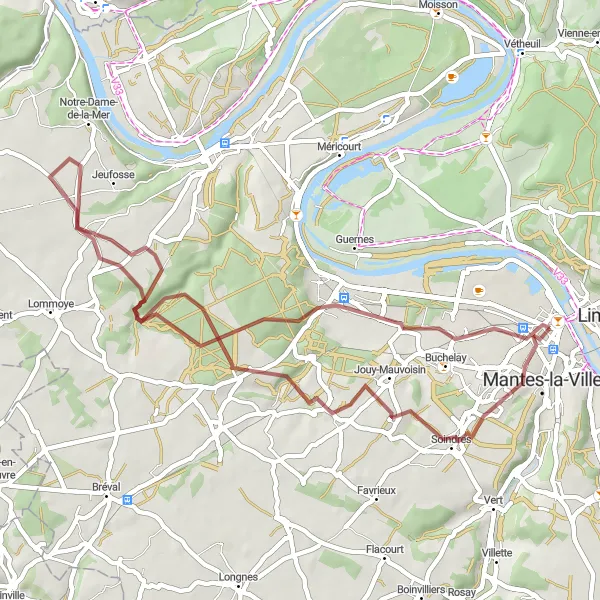 Miniature de la carte de l'inspiration cycliste "Exploration de la campagne autour de Mantes-la-Jolie" dans la Ile-de-France, France. Générée par le planificateur d'itinéraire cycliste Tarmacs.app