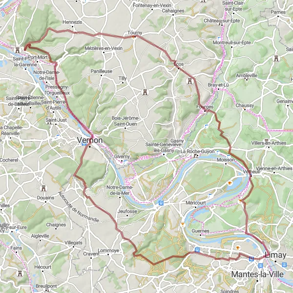 Map miniature of "Gravel Adventure: Mantes-la-Jolie to Vétheuil" cycling inspiration in Ile-de-France, France. Generated by Tarmacs.app cycling route planner