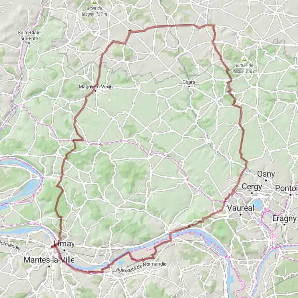 Map miniature of "Gravel Tour de Vexin Normand" cycling inspiration in Ile-de-France, France. Generated by Tarmacs.app cycling route planner