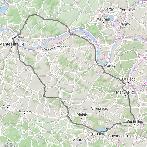 Map miniature of "Châteaux and Villages: Mantes-la-Jolie to Versailles" cycling inspiration in Ile-de-France, France. Generated by Tarmacs.app cycling route planner