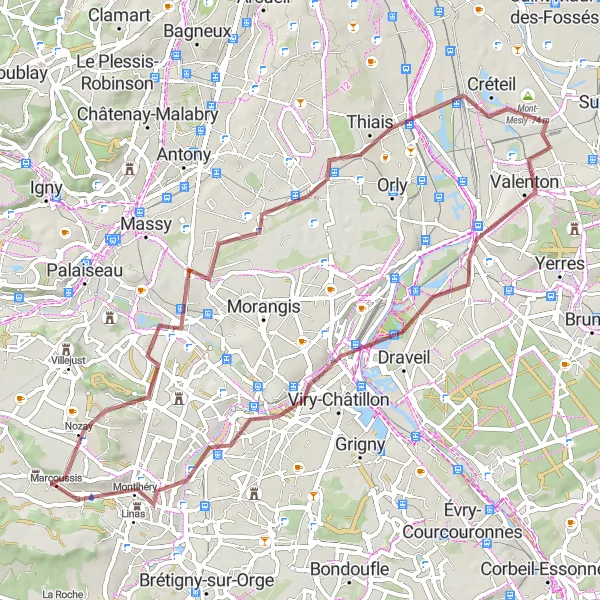 Miniature de la carte de l'inspiration cycliste "La Boucle de Nozay et Vigneux-sur-Seine" dans la Ile-de-France, France. Générée par le planificateur d'itinéraire cycliste Tarmacs.app