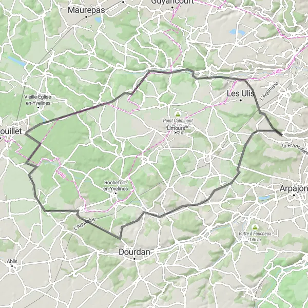 Miniature de la carte de l'inspiration cycliste "Boucle vers Gif-sur-Yvette" dans la Ile-de-France, France. Générée par le planificateur d'itinéraire cycliste Tarmacs.app