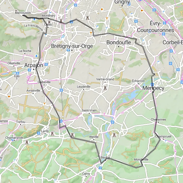 Miniature de la carte de l'inspiration cycliste "Tour de la Vallée de l'Orge" dans la Ile-de-France, France. Générée par le planificateur d'itinéraire cycliste Tarmacs.app