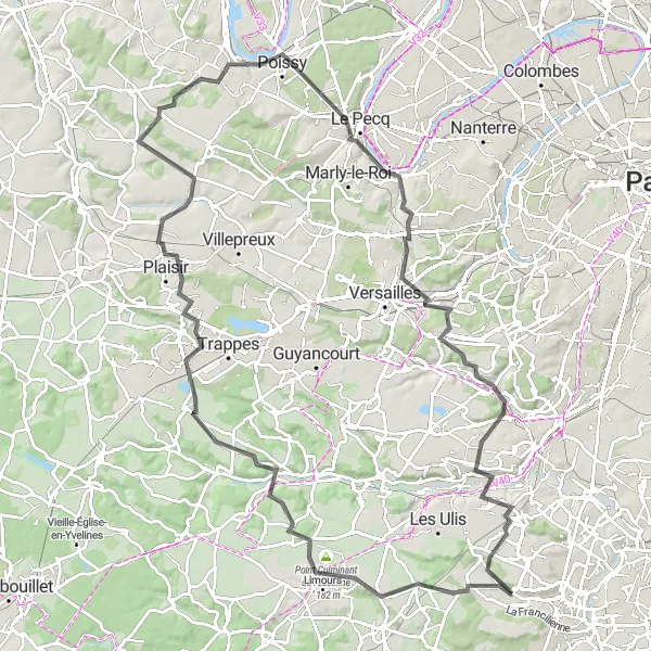 Miniature de la carte de l'inspiration cycliste "Les Collines d'Élancourt" dans la Ile-de-France, France. Générée par le planificateur d'itinéraire cycliste Tarmacs.app