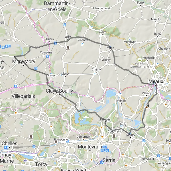 Map miniature of "Road cycling tour to Meaux" cycling inspiration in Ile-de-France, France. Generated by Tarmacs.app cycling route planner