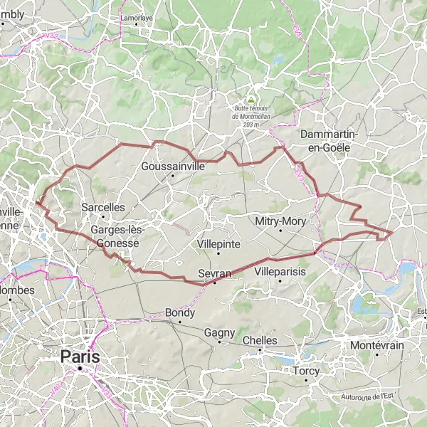 Map miniature of "Scenic Gravel Ride near Margency" cycling inspiration in Ile-de-France, France. Generated by Tarmacs.app cycling route planner