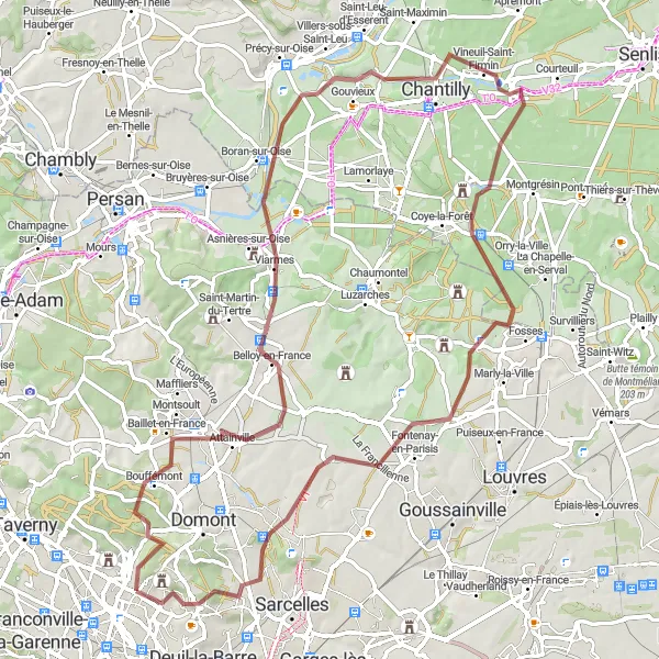 Map miniature of "Exploring Chantilly by Gravel Bike" cycling inspiration in Ile-de-France, France. Generated by Tarmacs.app cycling route planner