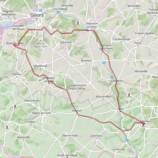 Miniature de la carte de l'inspiration cycliste "Les collines de Vexin" dans la Ile-de-France, France. Générée par le planificateur d'itinéraire cycliste Tarmacs.app