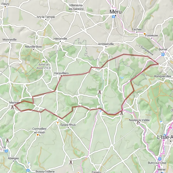 Map miniature of "Arronville Gravel Loop" cycling inspiration in Ile-de-France, France. Generated by Tarmacs.app cycling route planner