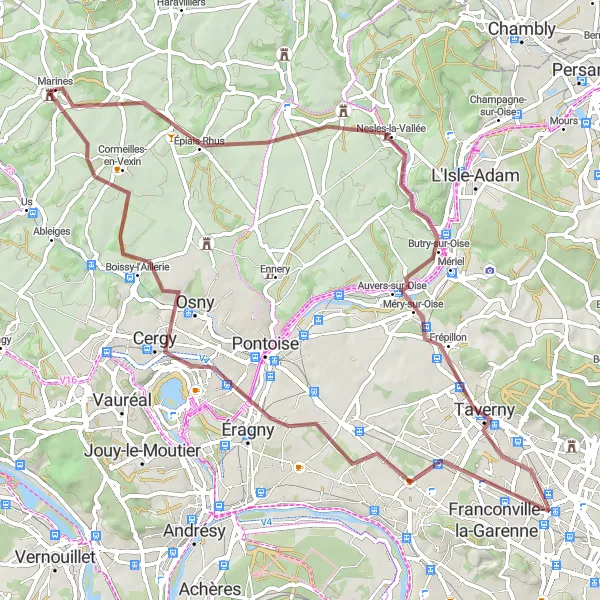Miniature de la carte de l'inspiration cycliste "Les chemins de l'Ouest" dans la Ile-de-France, France. Générée par le planificateur d'itinéraire cycliste Tarmacs.app