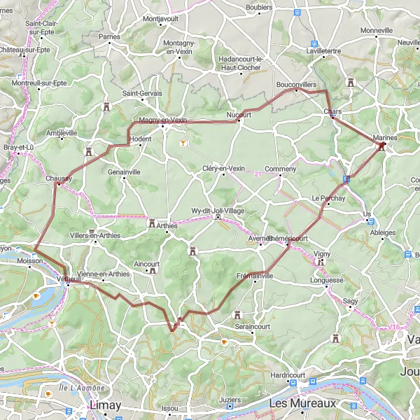 Miniature de la carte de l'inspiration cycliste "Les panoramas du Vexin" dans la Ile-de-France, France. Générée par le planificateur d'itinéraire cycliste Tarmacs.app