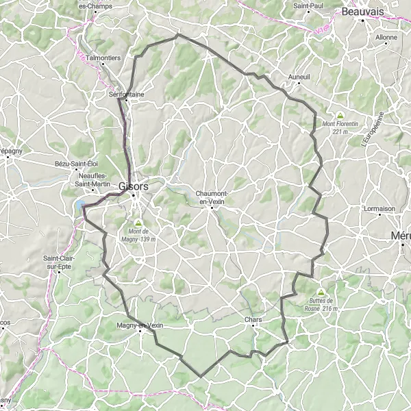 Map miniature of "The Villages and Landmarks Ride" cycling inspiration in Ile-de-France, France. Generated by Tarmacs.app cycling route planner