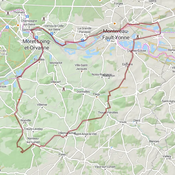 Miniature de la carte de l'inspiration cycliste "Parcours gravel autour de Marolles-sur-Seine" dans la Ile-de-France, France. Générée par le planificateur d'itinéraire cycliste Tarmacs.app