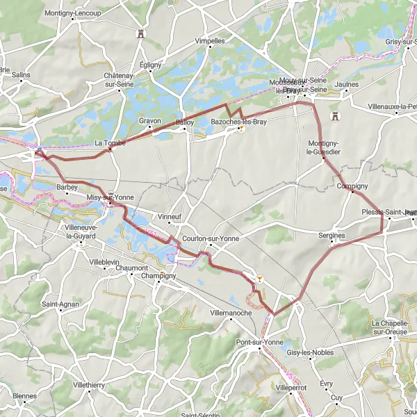 Miniature de la carte de l'inspiration cycliste "Circuit gravel pittoresque près de Marolles-sur-Seine" dans la Ile-de-France, France. Générée par le planificateur d'itinéraire cycliste Tarmacs.app