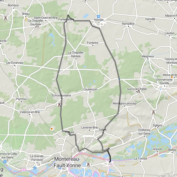 Miniature de la carte de l'inspiration cycliste "Route de cyclisme sur route avec des paysages variés autour de Marolles-sur-Seine" dans la Ile-de-France, France. Générée par le planificateur d'itinéraire cycliste Tarmacs.app