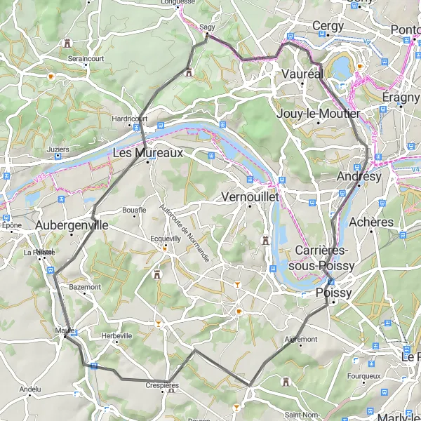 Map miniature of "Mureaux to Mareil-sur-Mauldre Scenic Route" cycling inspiration in Ile-de-France, France. Generated by Tarmacs.app cycling route planner