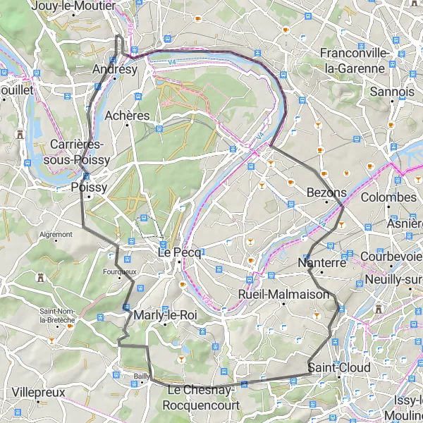 Map miniature of "Exploring Road Wonders" cycling inspiration in Ile-de-France, France. Generated by Tarmacs.app cycling route planner