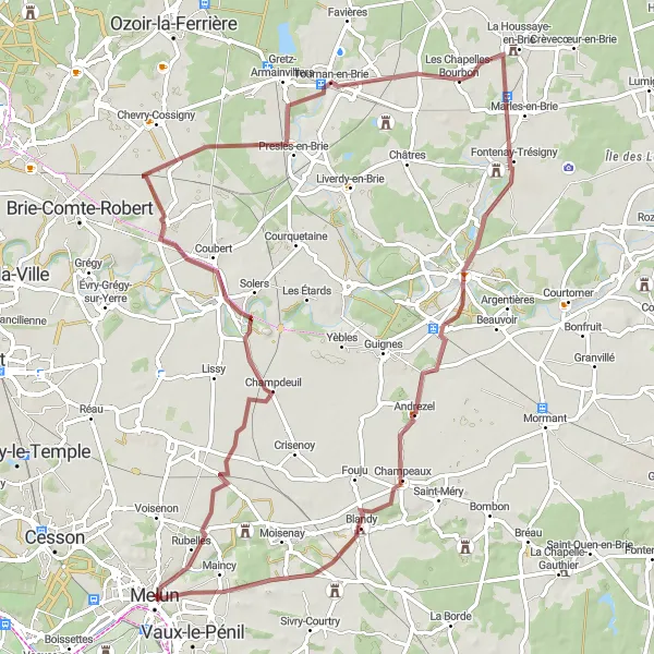 Map miniature of "Champdeuil Gravel Loop" cycling inspiration in Ile-de-France, France. Generated by Tarmacs.app cycling route planner