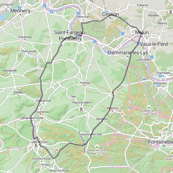 Miniature de la carte de l'inspiration cycliste "Itinéraire de Barbizon à Cesson" dans la Ile-de-France, France. Générée par le planificateur d'itinéraire cycliste Tarmacs.app