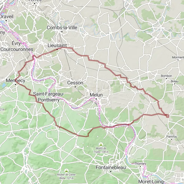 Map miniature of "Gravel ride around Mennecy" cycling inspiration in Ile-de-France, France. Generated by Tarmacs.app cycling route planner
