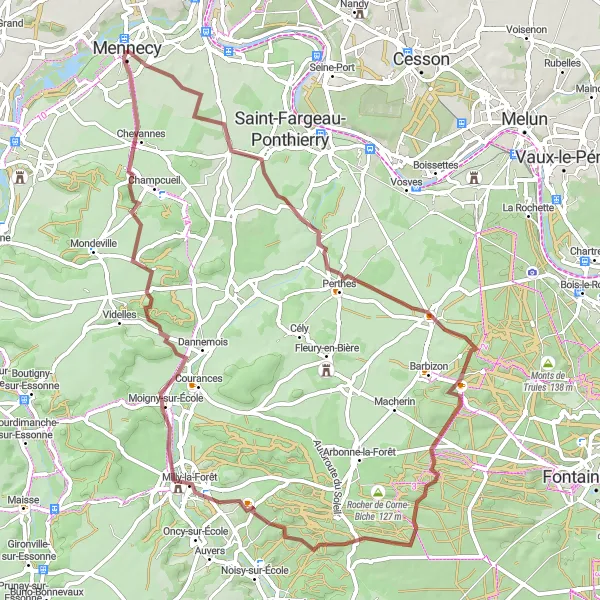 Map miniature of "Mennecy to Milly-la-Forêt Gravel Ride" cycling inspiration in Ile-de-France, France. Generated by Tarmacs.app cycling route planner