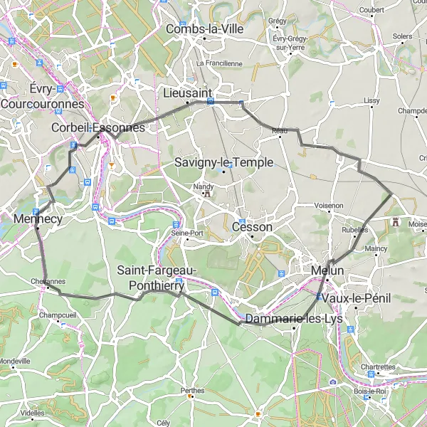 Map miniature of "Road ride to Melun" cycling inspiration in Ile-de-France, France. Generated by Tarmacs.app cycling route planner