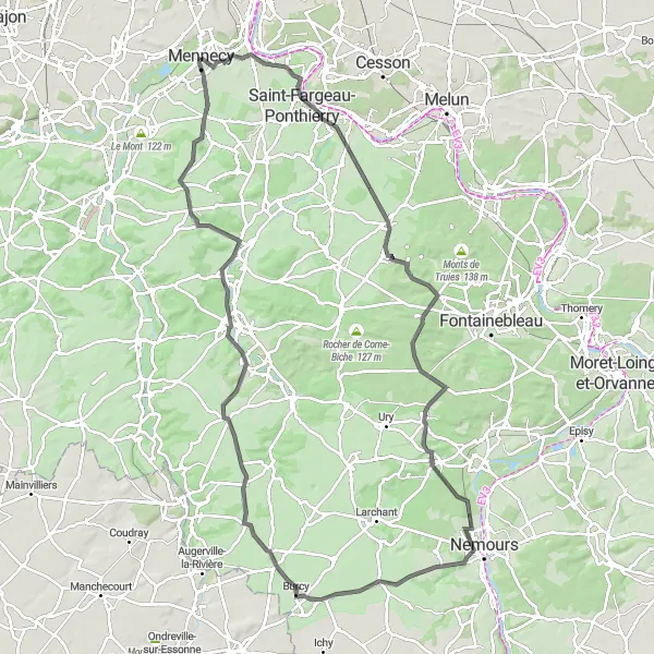 Map miniature of "Road ride to Nemours" cycling inspiration in Ile-de-France, France. Generated by Tarmacs.app cycling route planner