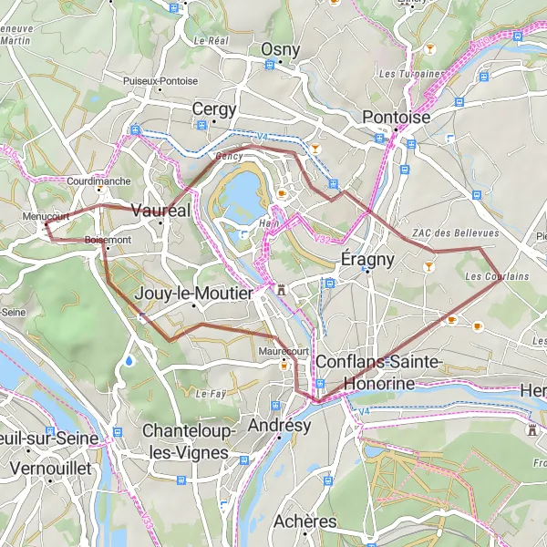 Map miniature of "Gravel Adventure to Éragny and Jouy-le-Moutier" cycling inspiration in Ile-de-France, France. Generated by Tarmacs.app cycling route planner