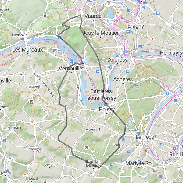 Map miniature of "Chanteloup-les-Vignes and Verneuil-sur-Seine Circular Route" cycling inspiration in Ile-de-France, France. Generated by Tarmacs.app cycling route planner